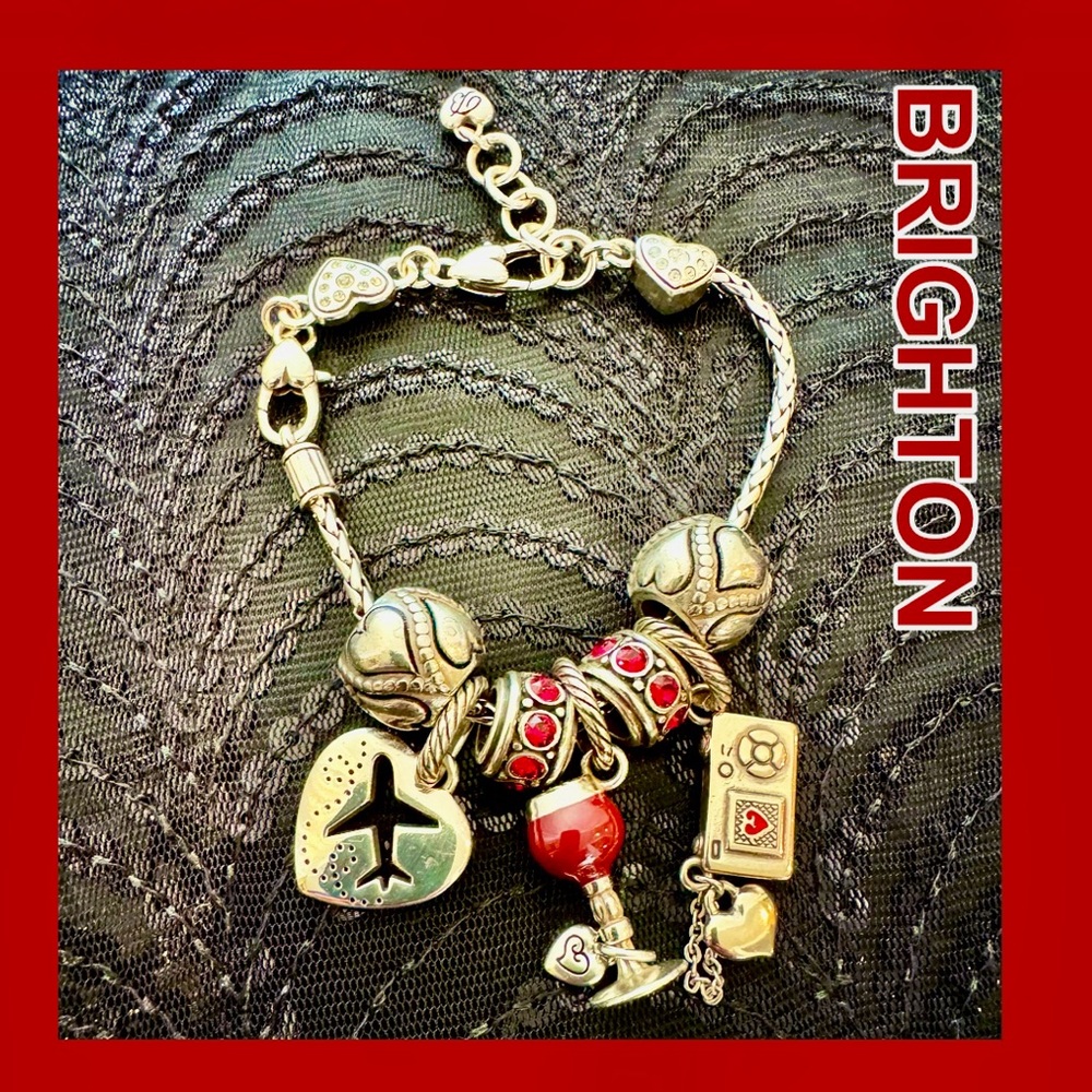 🍷 Brighton Silver & Red Adventure Necklace-Wine, Camera, Airplane charms & Beads